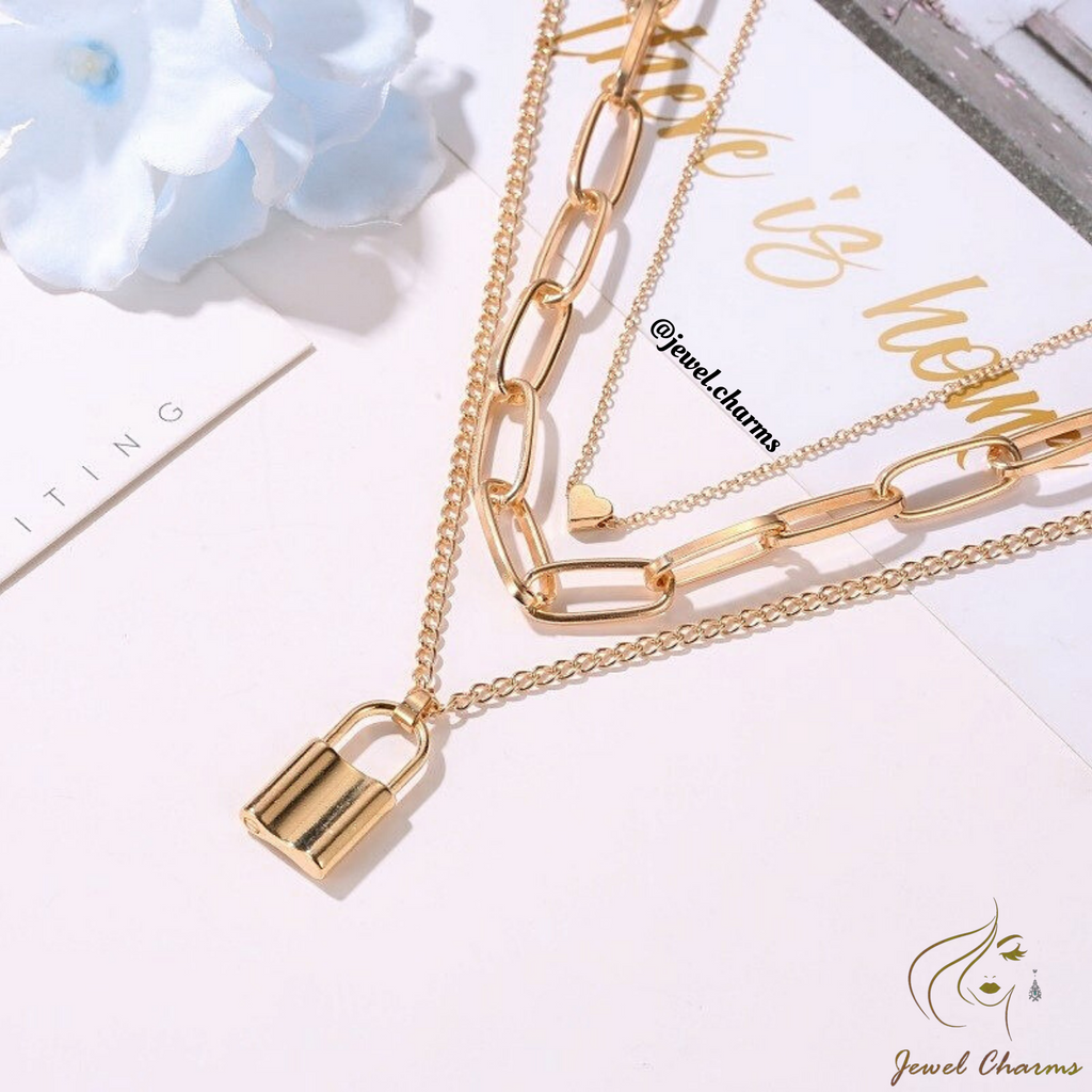 JCN61 - Lock Chain & Heart Tri Layered Necklace