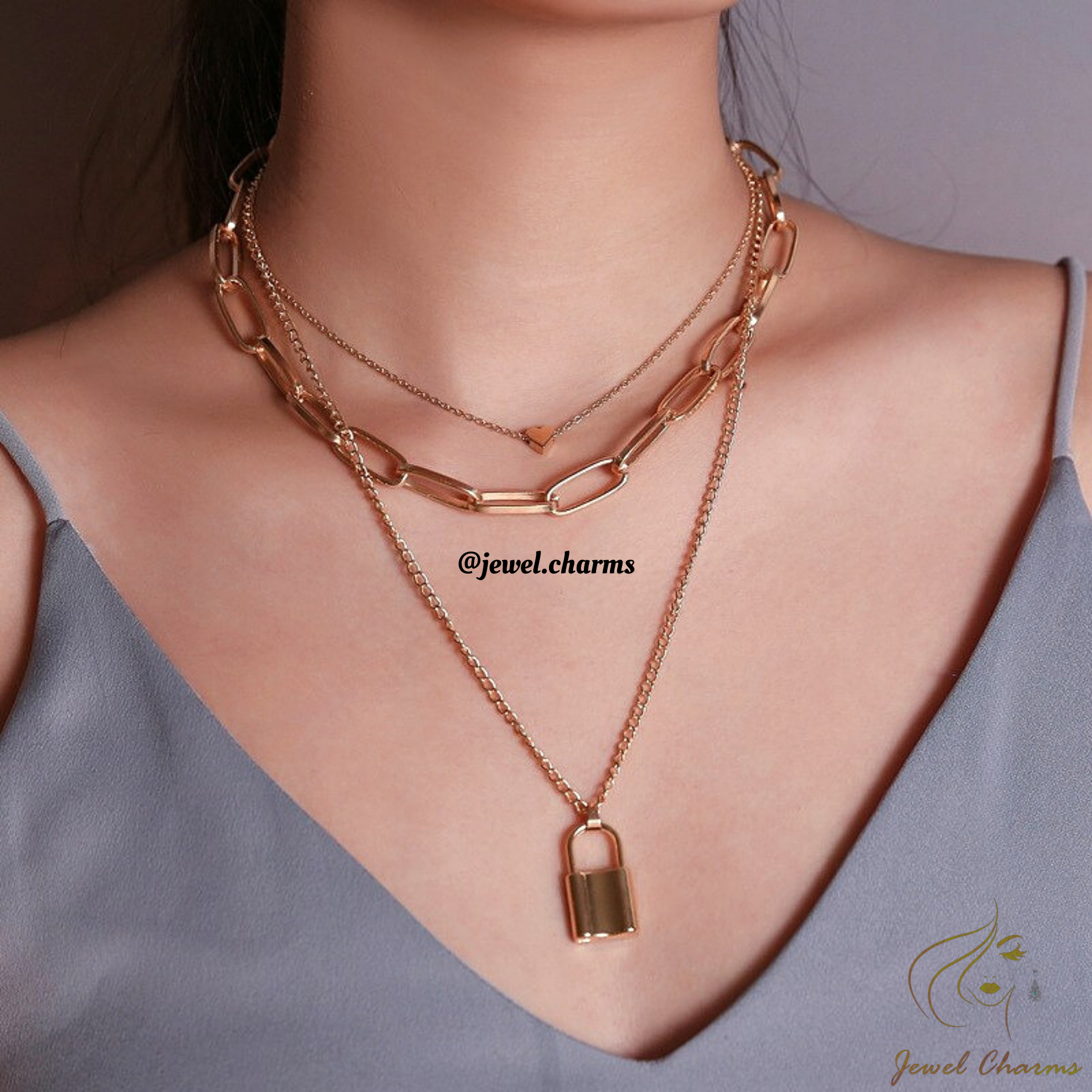 JCN61 - Lock Chain & Heart Tri Layered Necklace