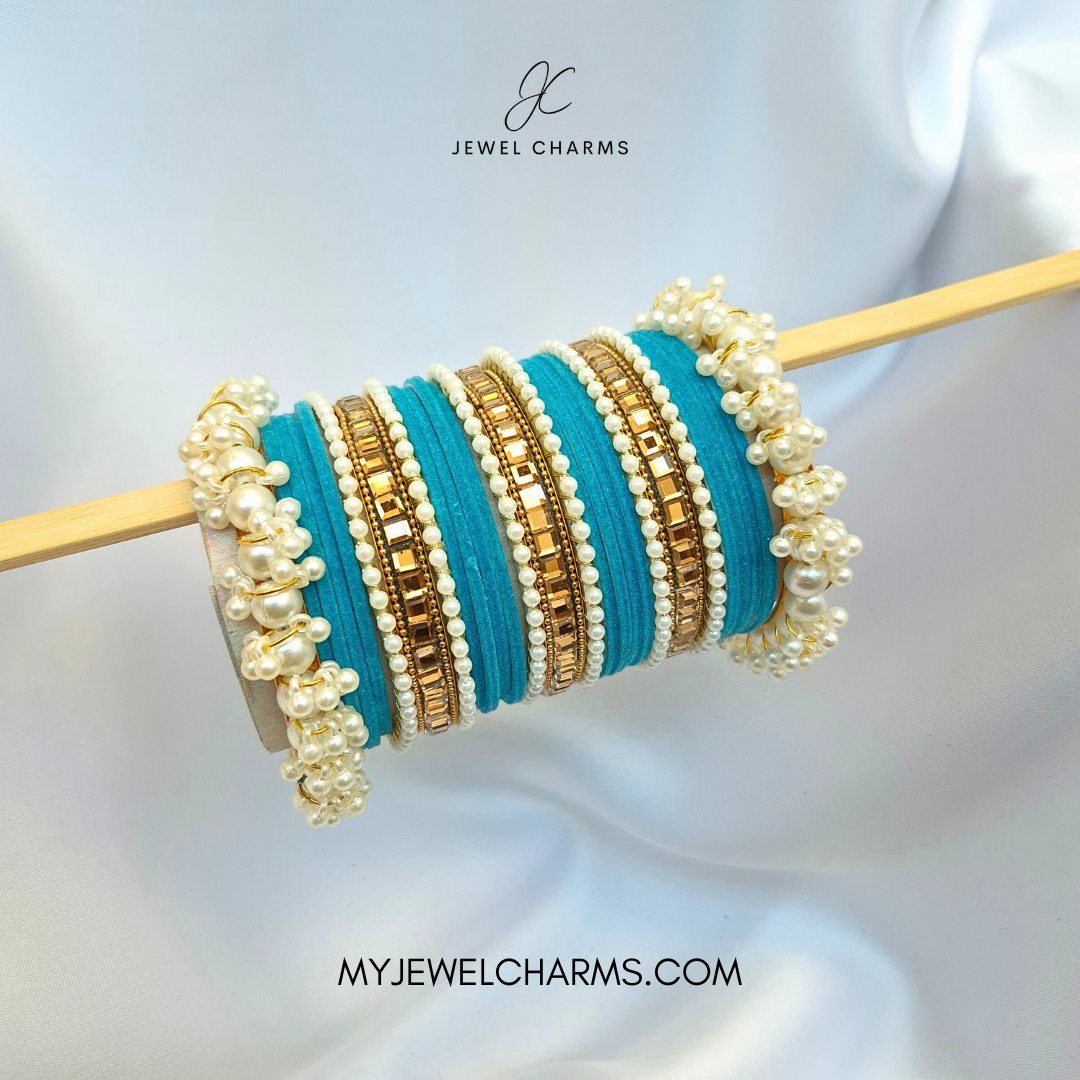 Firozi Triple Karra Gajra Bangles