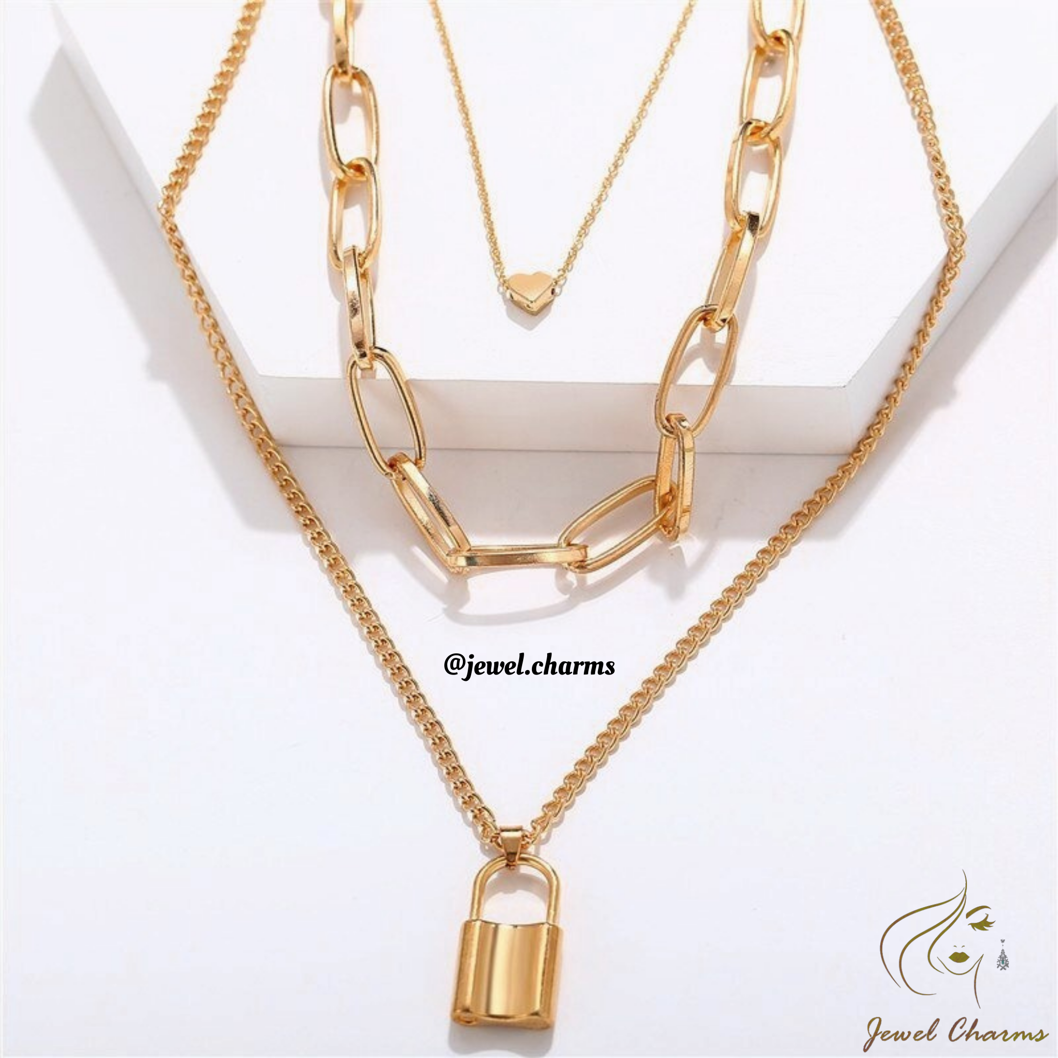 JCN61 - Lock Chain & Heart Tri Layered Necklace