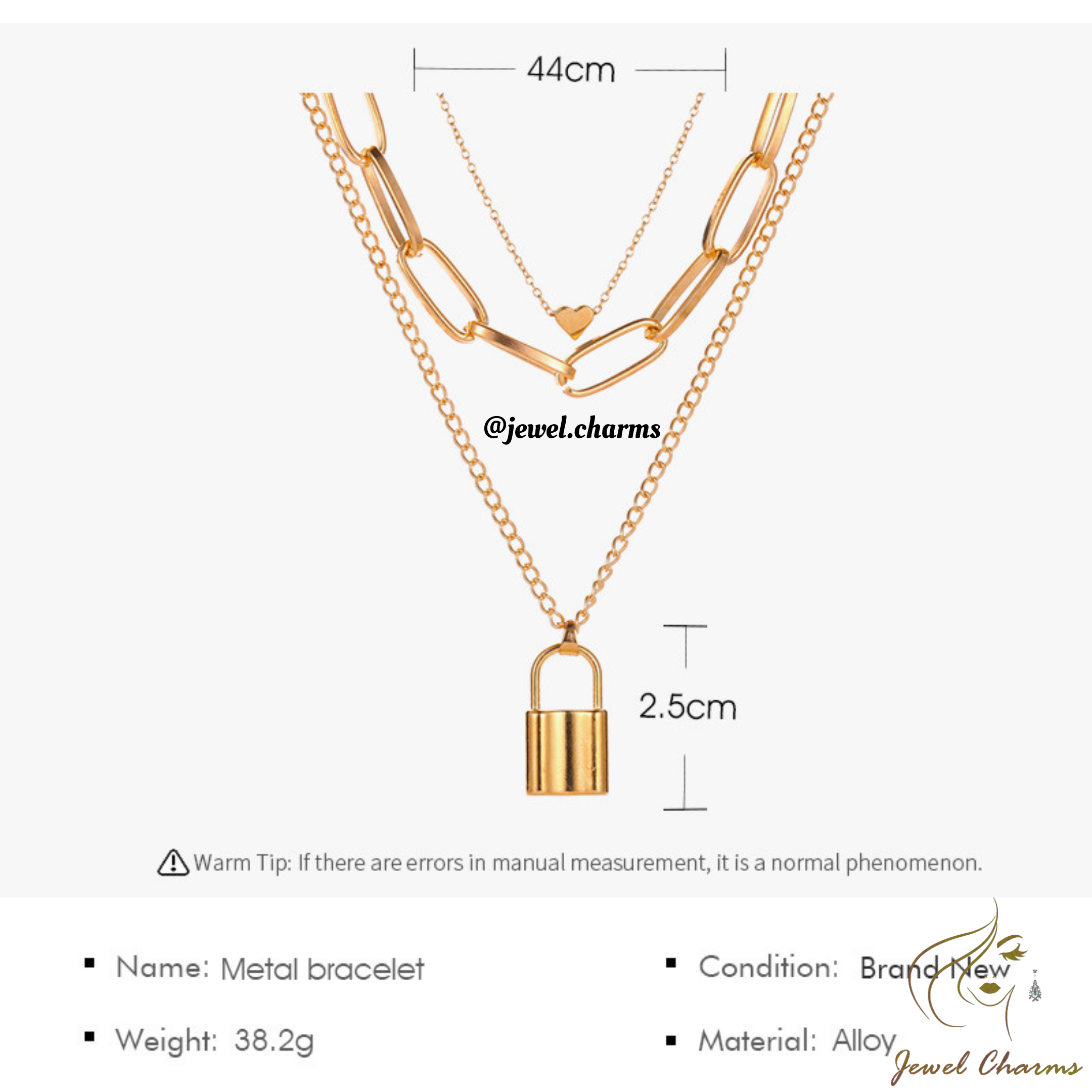 JCN61 - Lock Chain & Heart Tri Layered Necklace