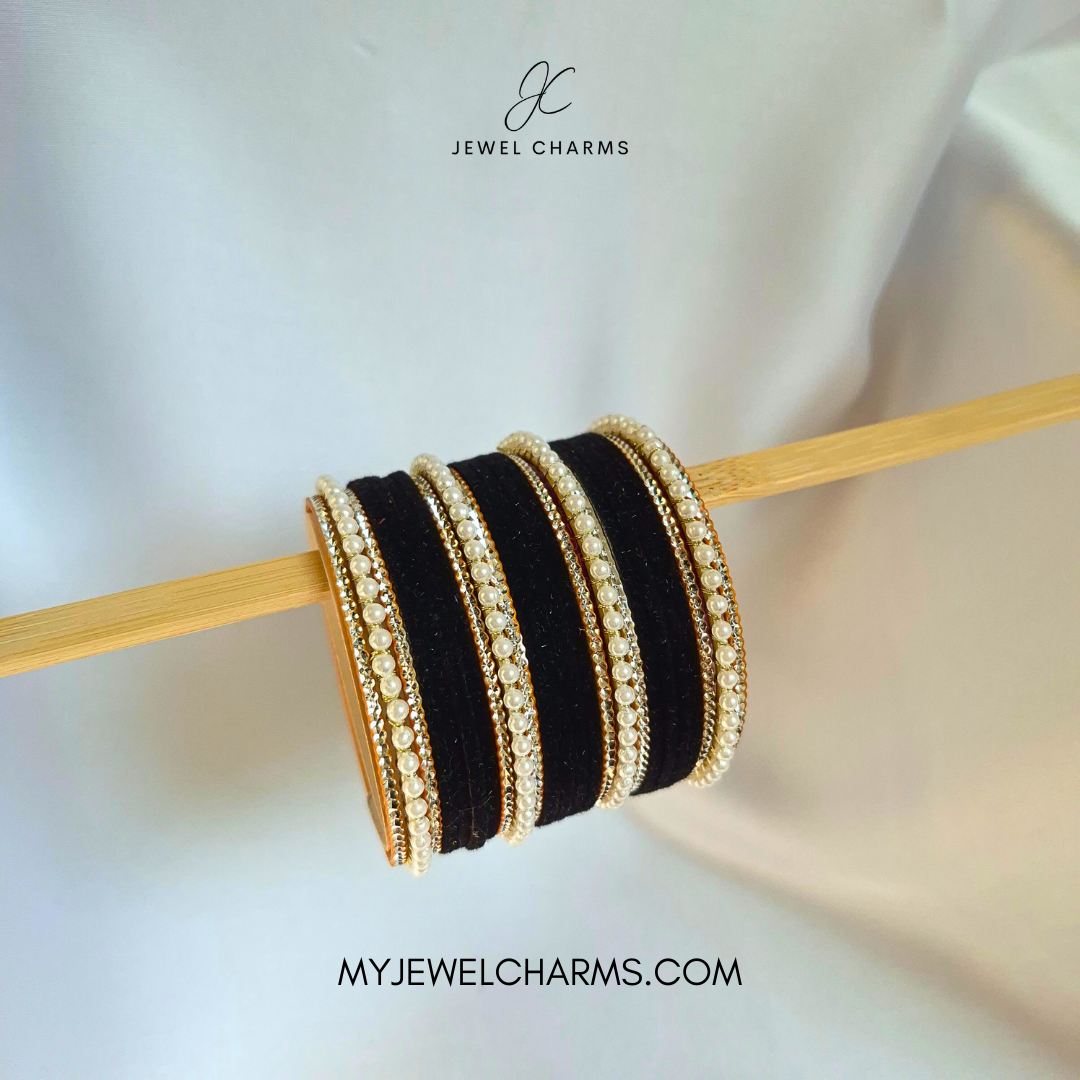 Black Tri Pearl Karra Bangles Set