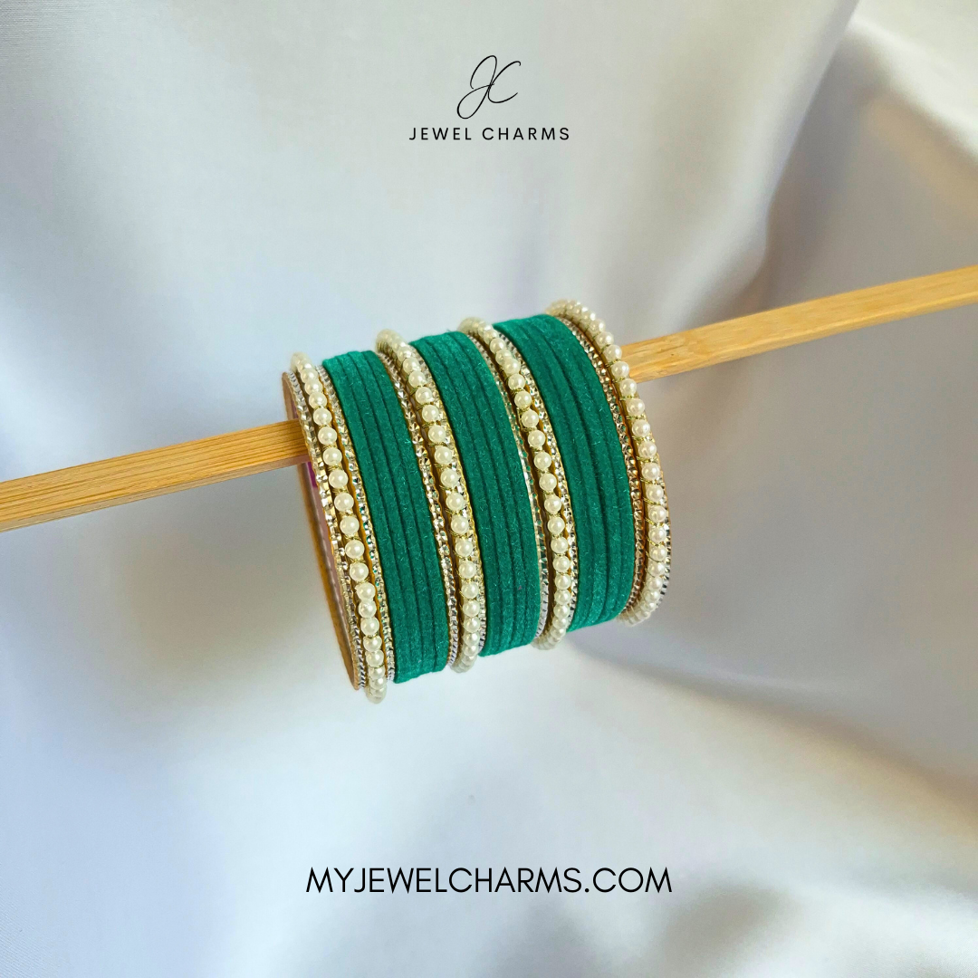 Sea Green Tri Pearl Karra Bangles Set