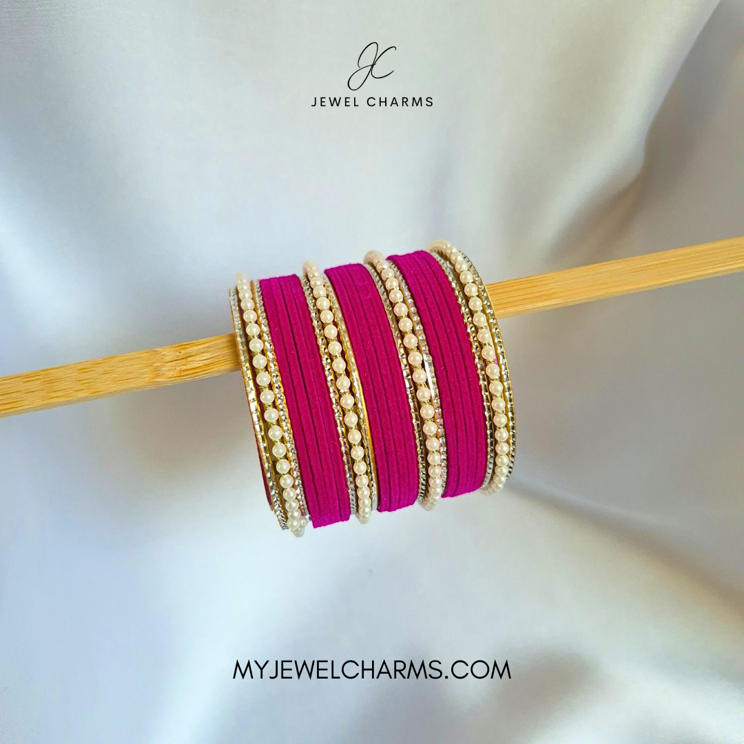 Shocking Pink Tri Pearl Karra Bangles Set
