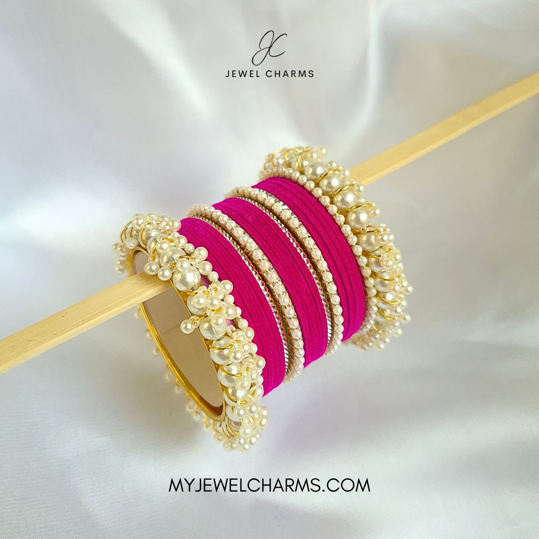 Dark Pink Silver Karra Triple Gajra Set