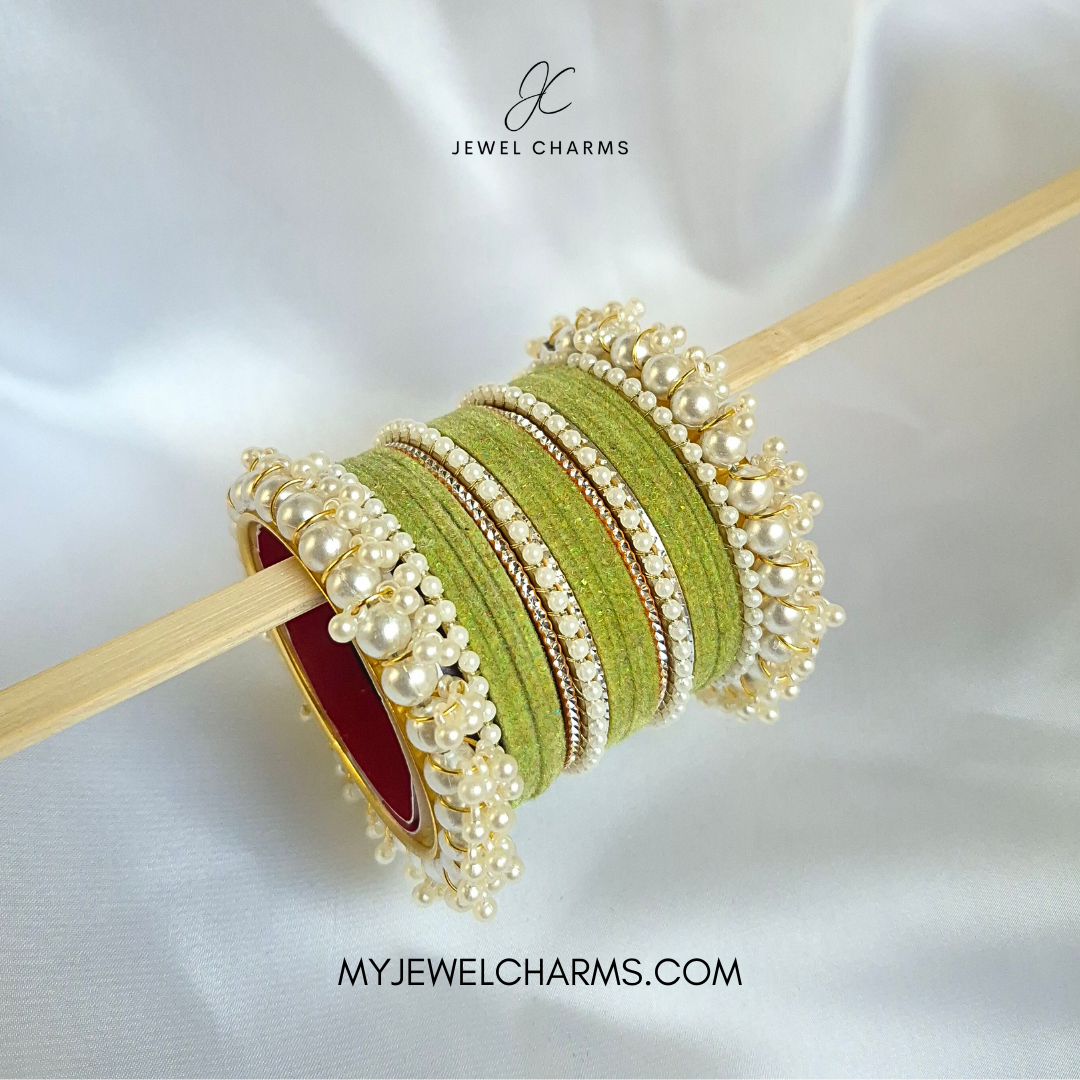 Light Green Silver Karra Triple Gajra Set