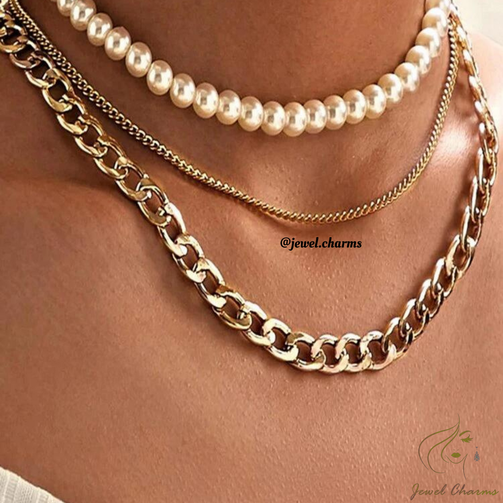 JC99 - Tri Layered Pearl Chain Necklace