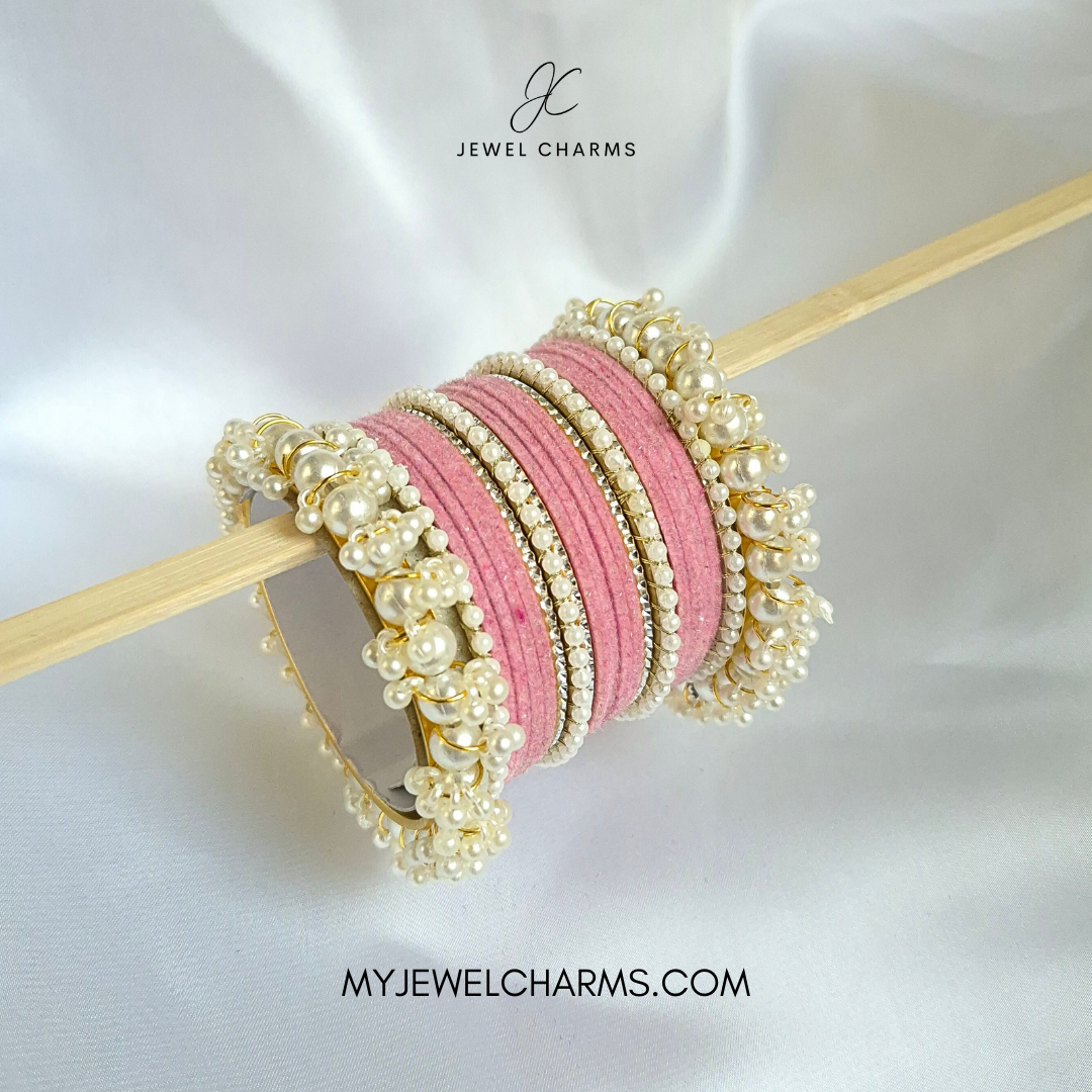 Baby Pink Silver Karra Triple Gajra Set