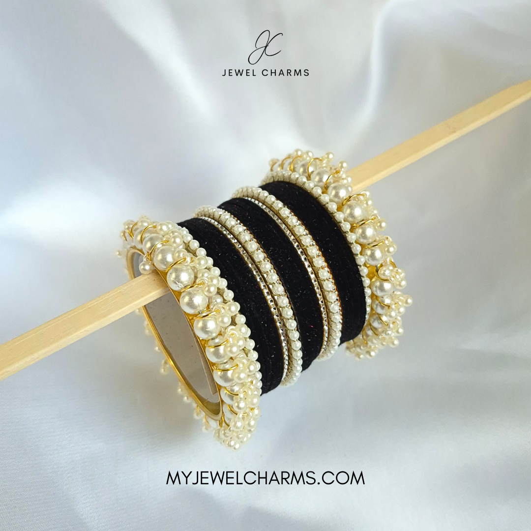 Black Silver Karra Triple Gajra Bangles Set