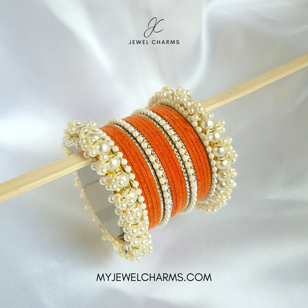 Orange Silver Karra Triple Gajra Bangles Set
