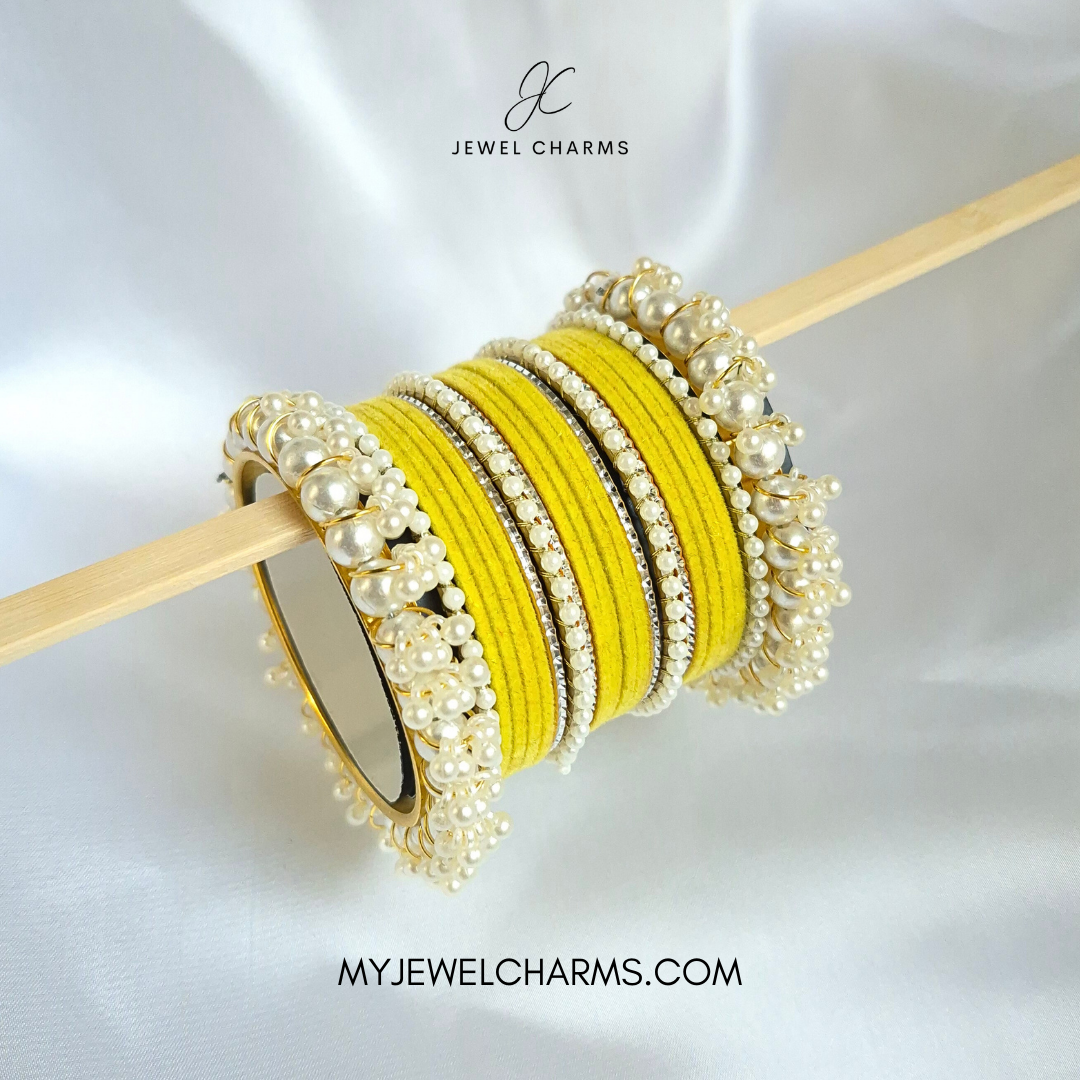 Yellow Silver Karra Triple Gajra Bangles Set