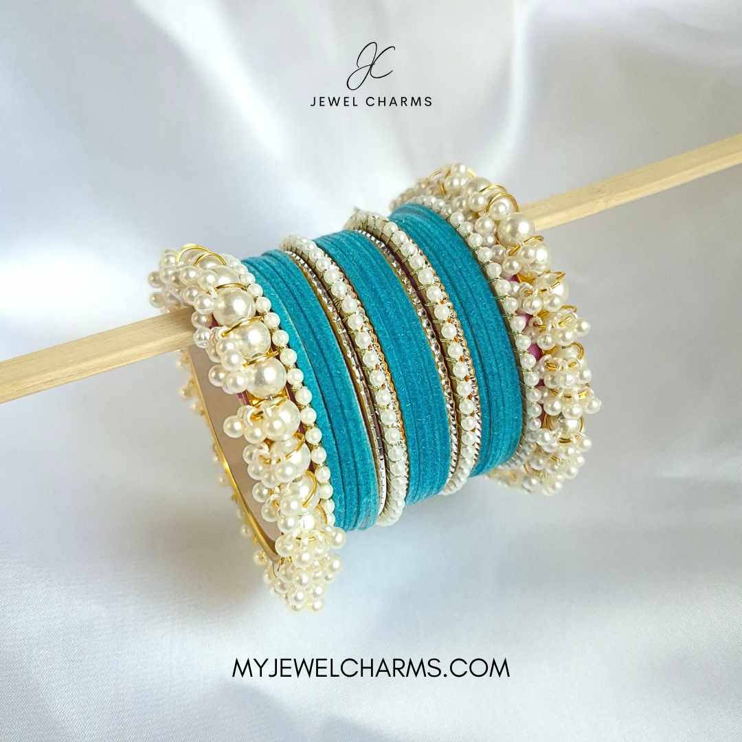 Firozi Silver Karra Triple Gajra Bangles Set