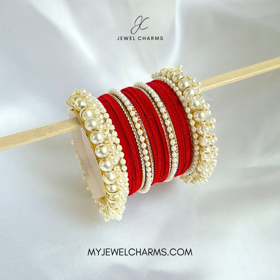 Red Silver Karra Triple Gajra Bangles Set