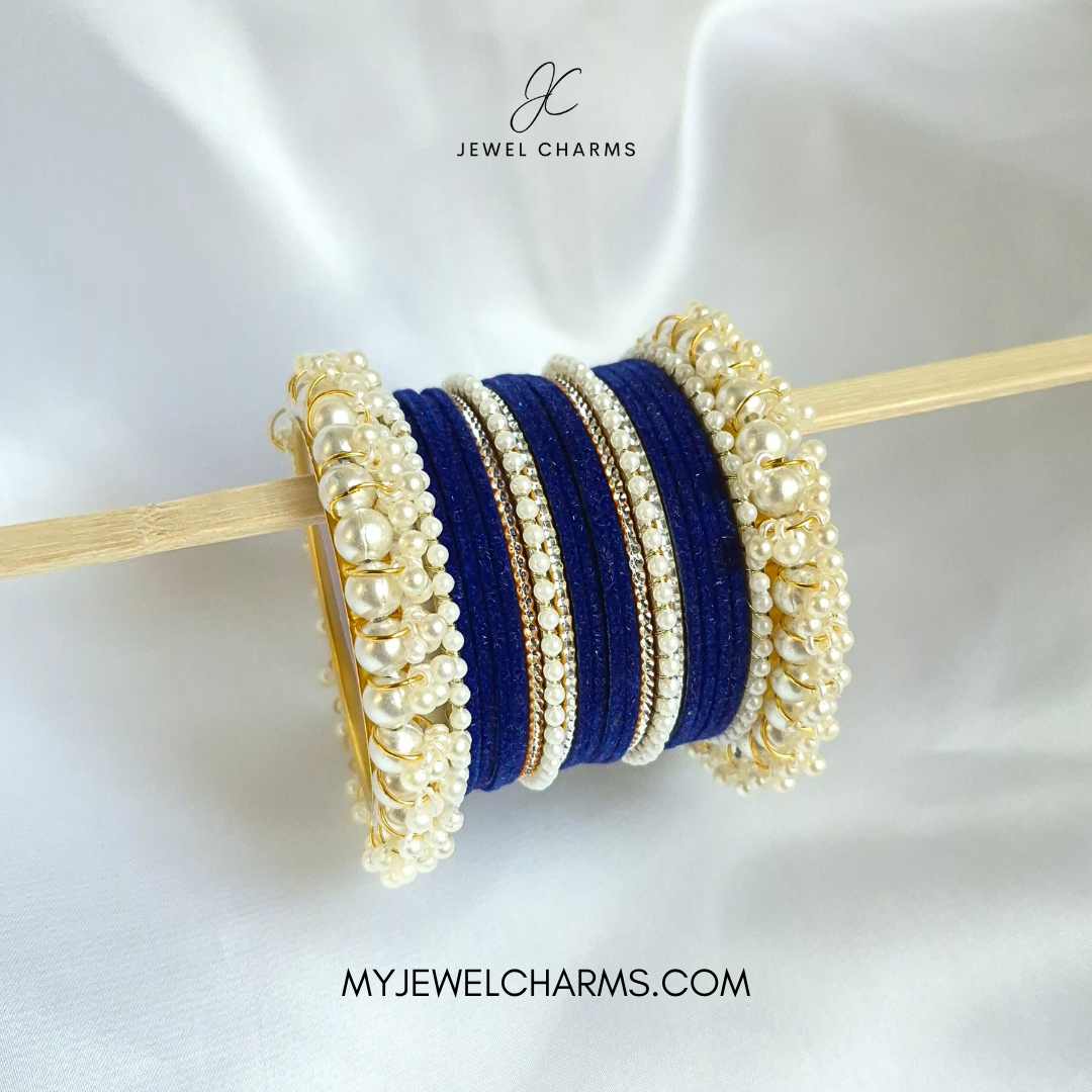 Royal Blue Silver Karra Triple Gajra Bangles Set