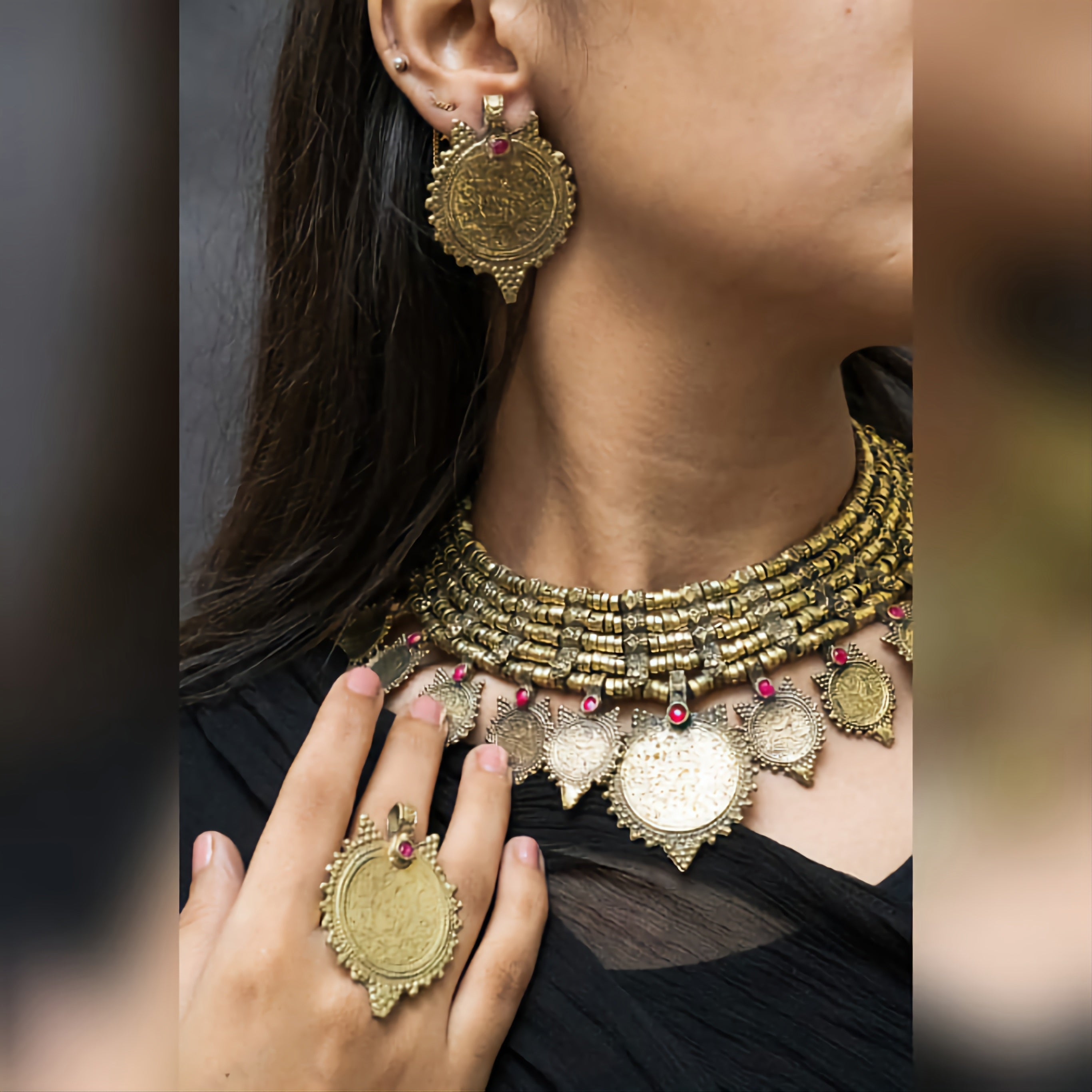 Afghan Antique Coin Choker, Earrings and Ring Set