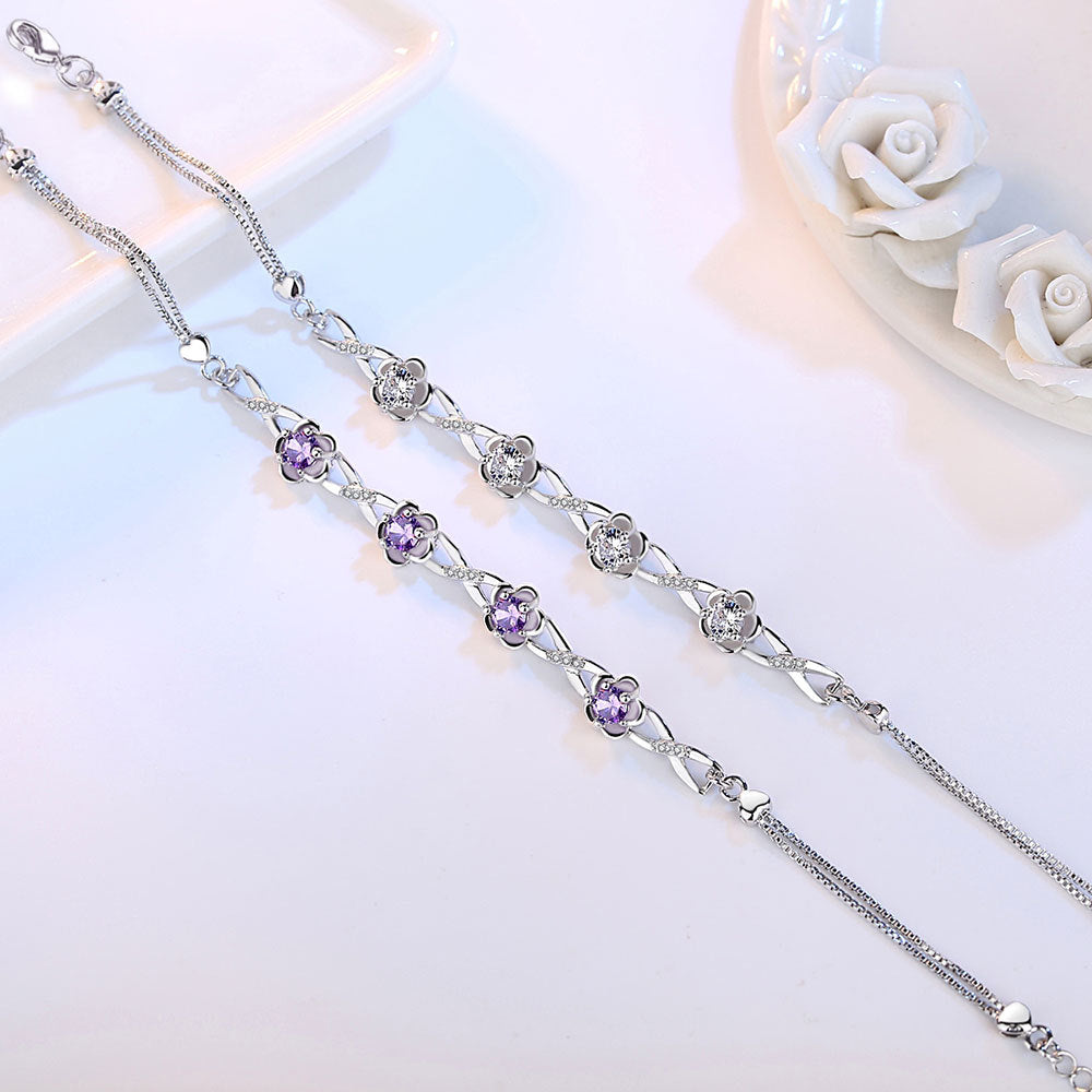 Silver Floral Bracelet with Purple Gemstones for Women