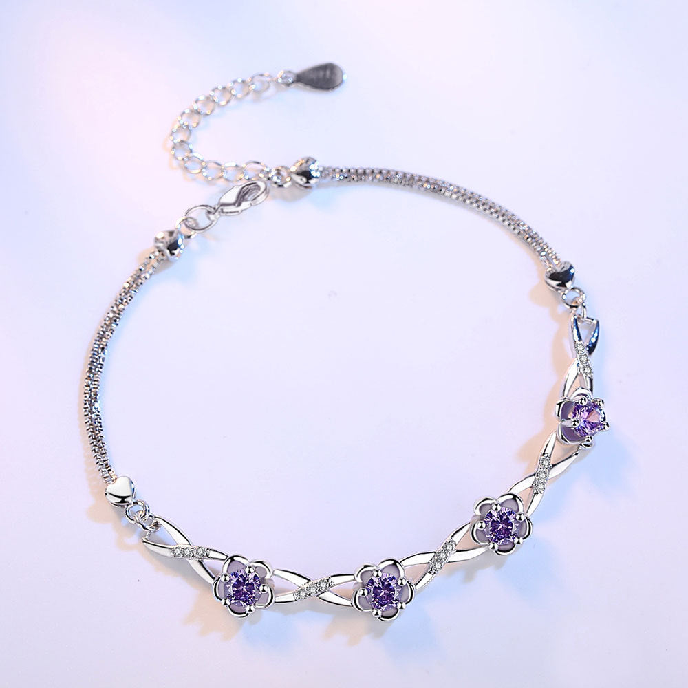 Silver Floral Bracelet with Purple Gemstones for Women