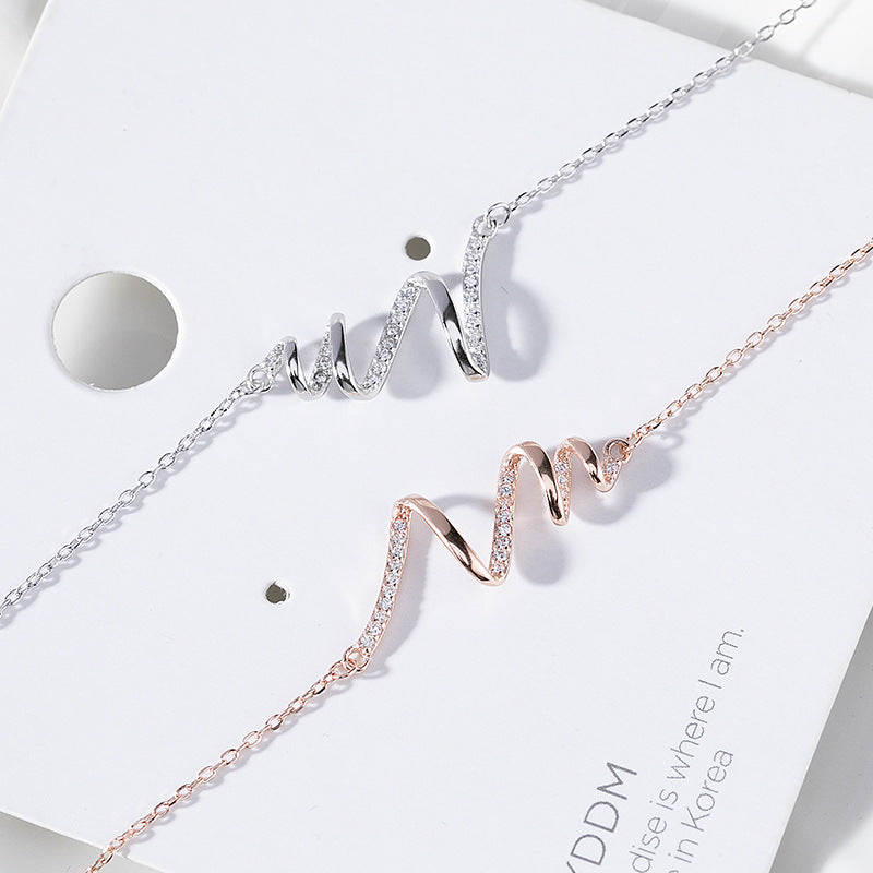 Women Heartbeat Necklace S925 Sterling Silver Rose Gold Sparkly Casual Jewelry
