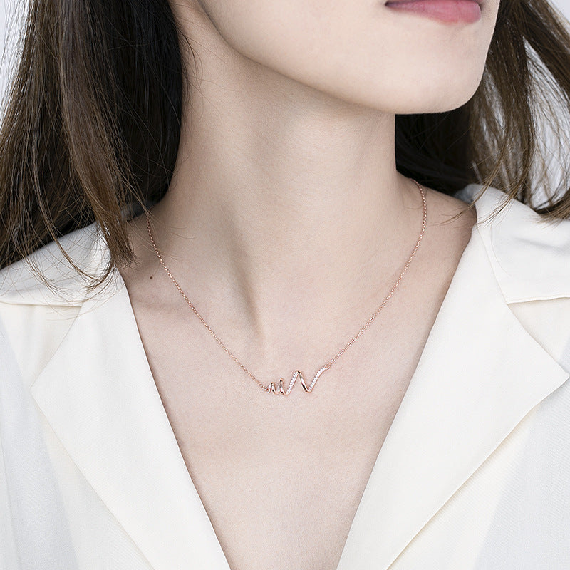Women Heartbeat Necklace S925 Sterling Silver Rose Gold Sparkly Casual Jewelry