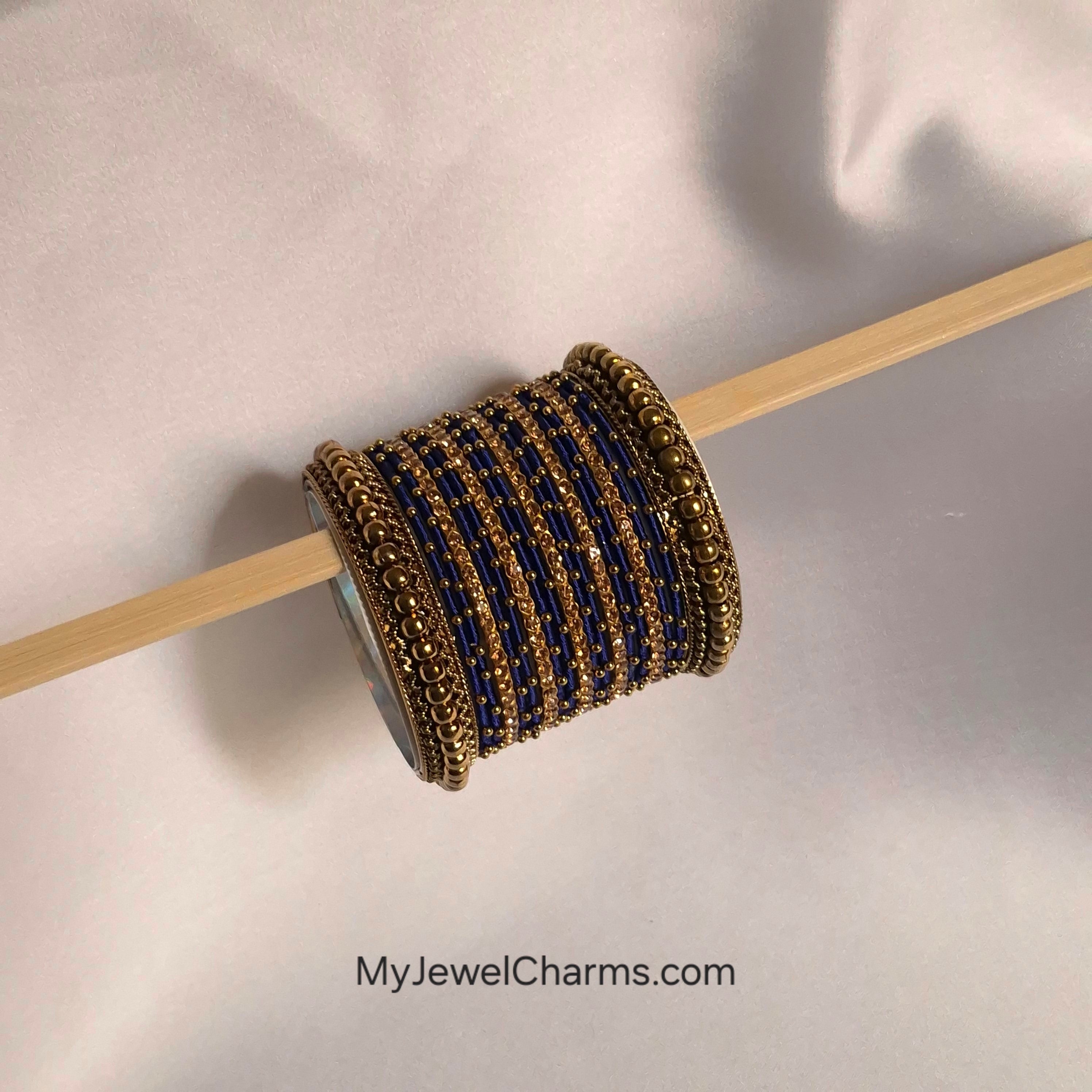 Dark Blue Dotted Golden Bead Karra Bangles Set Antique