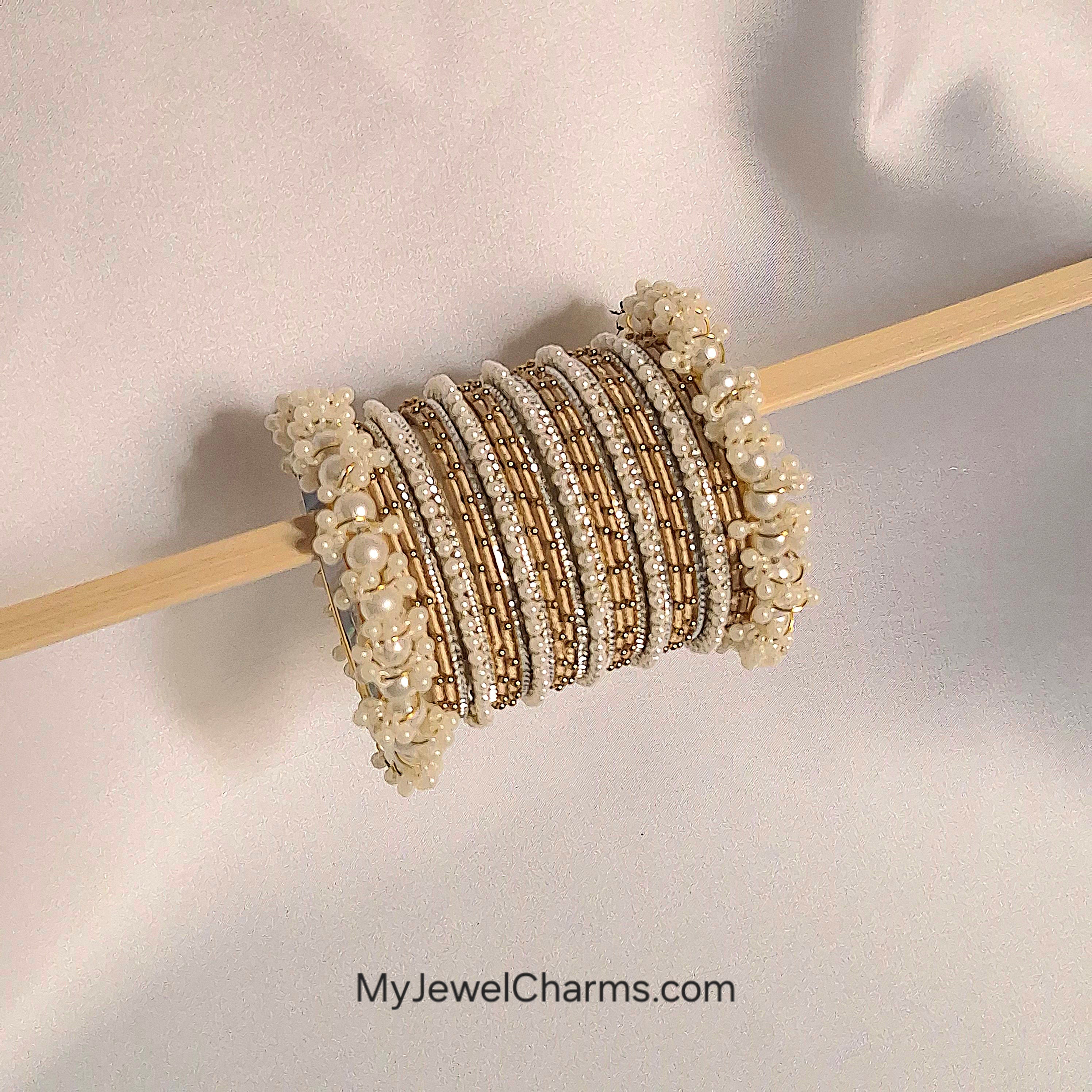 Beige dotted penta pearl silver lining bangles