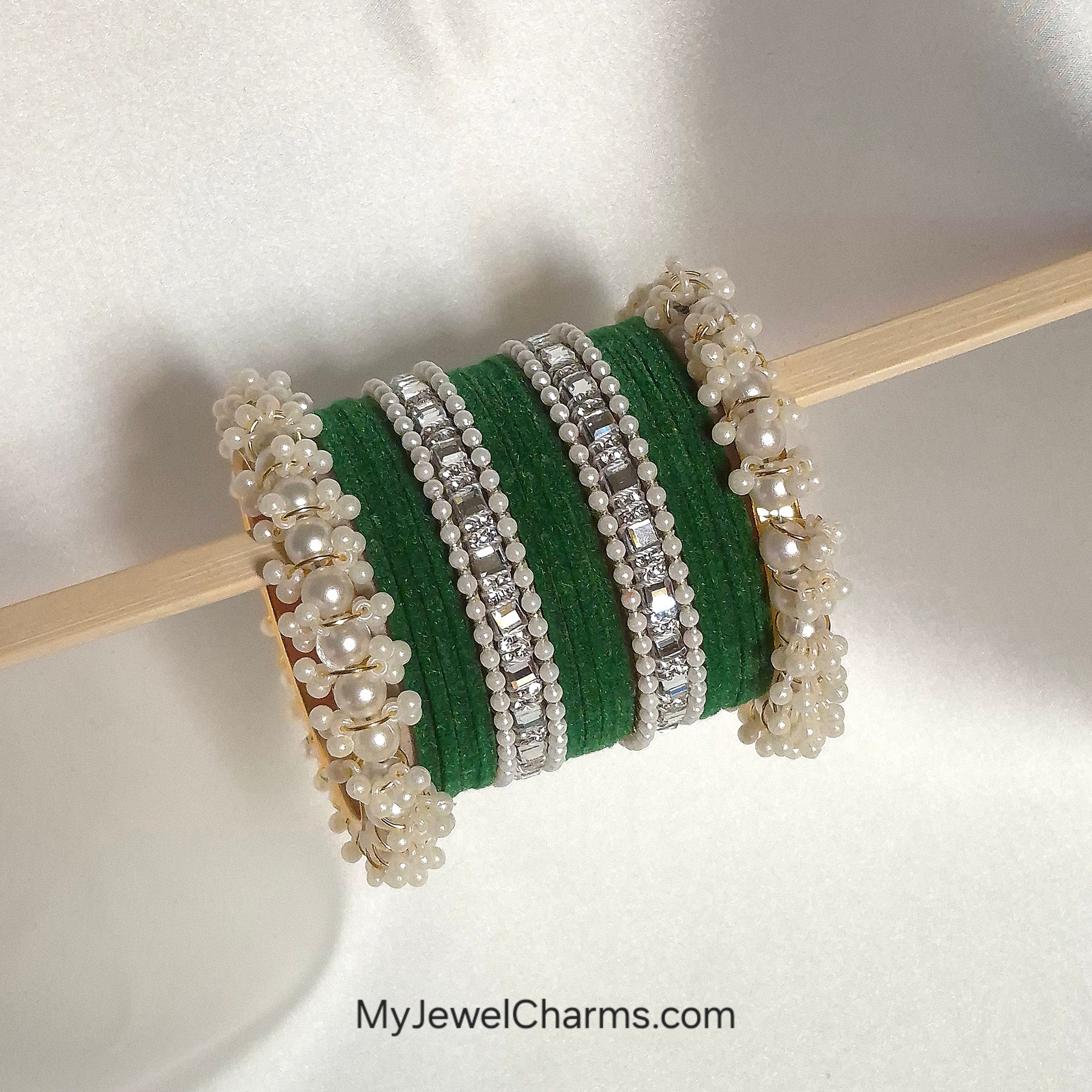 Green velvet silver double karra gajra bangles