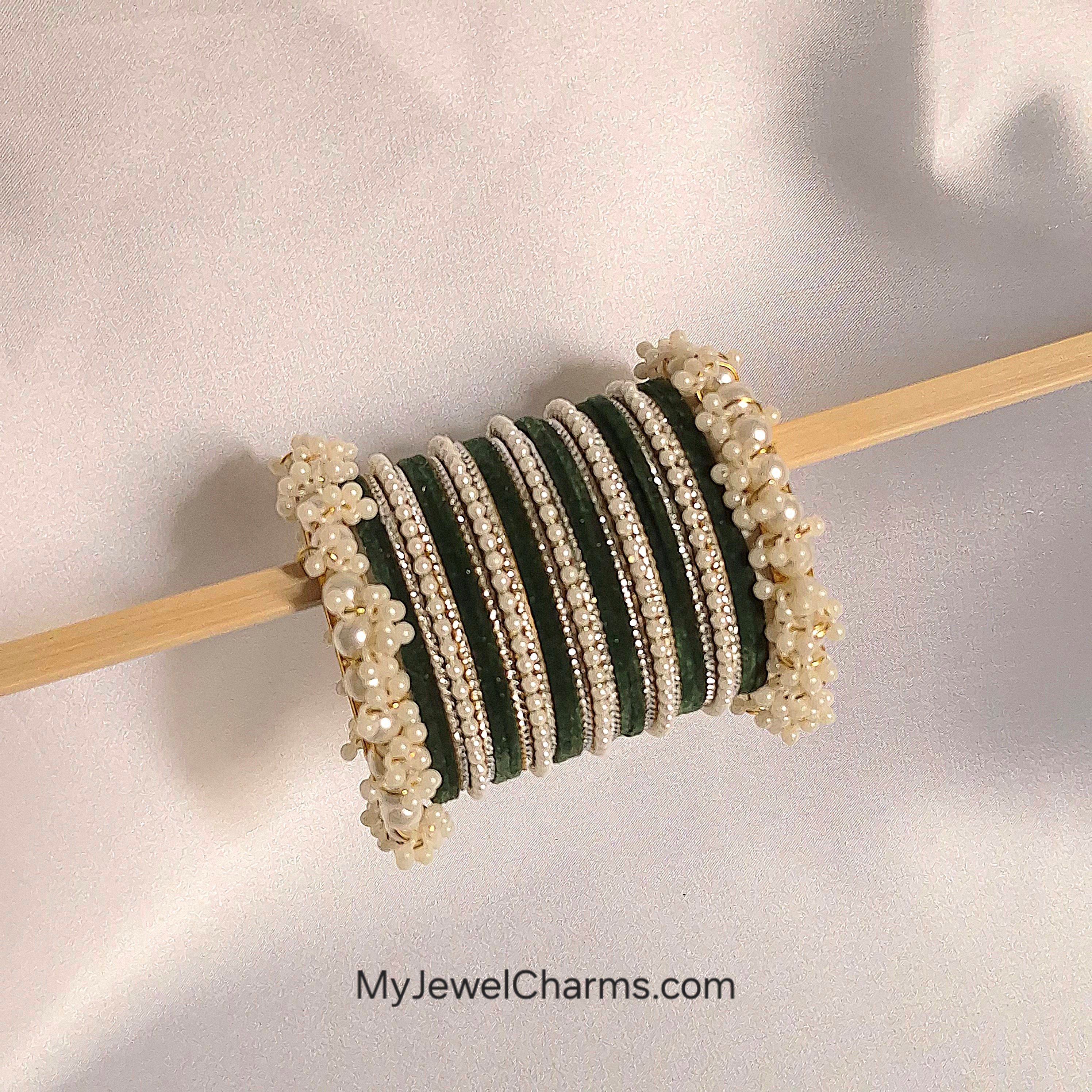 Green velvet penta pearl with silver bangles