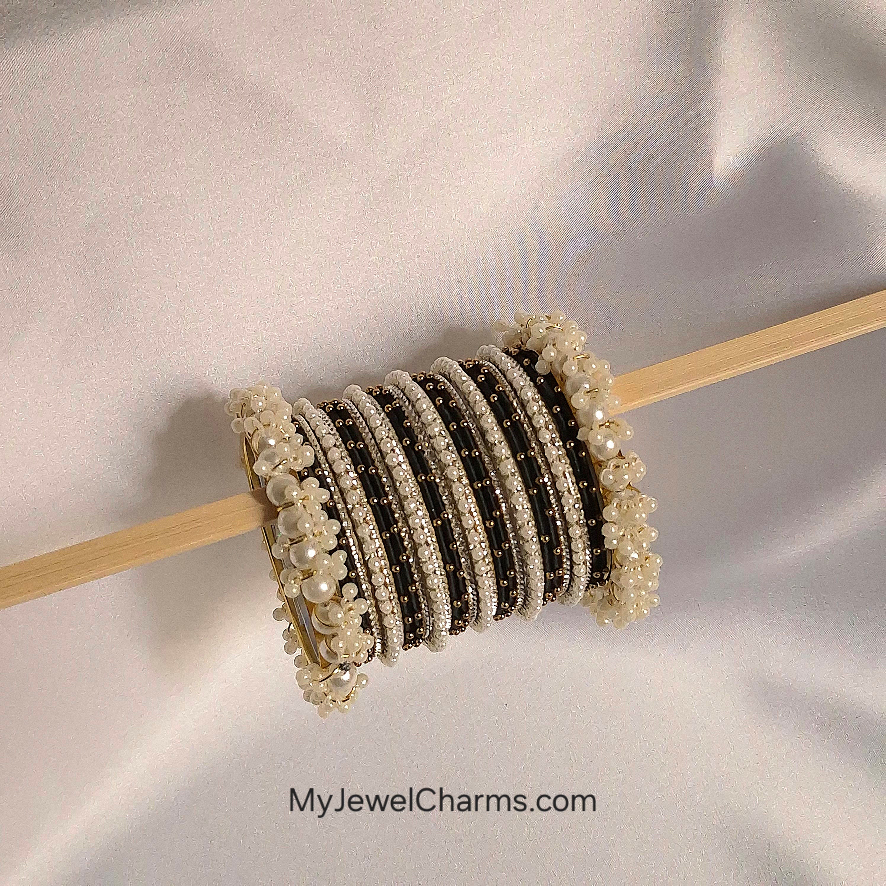 Black dotted penta pearl with silver bangles premium quality