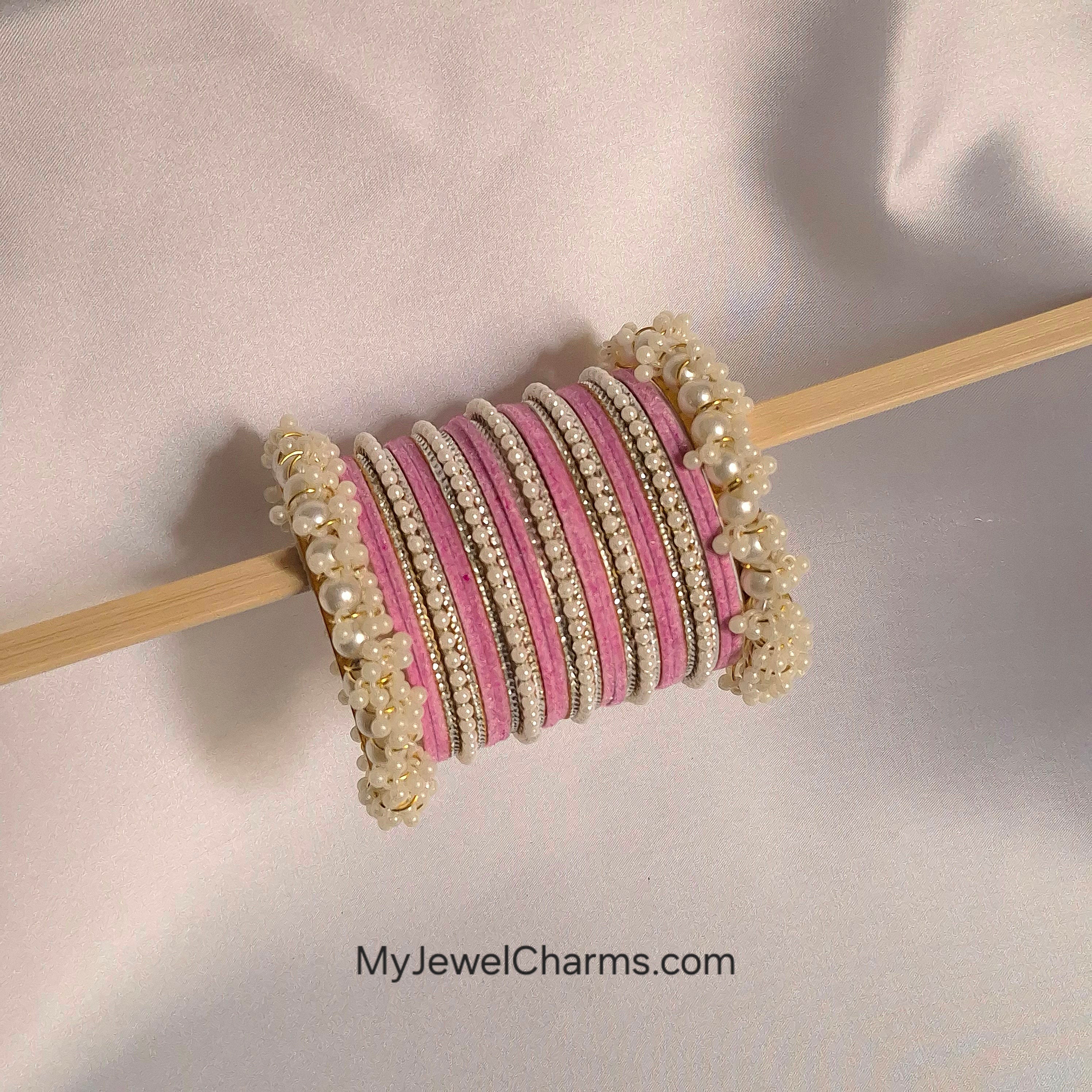 Baby pink velvet penta pearl with silver bangles