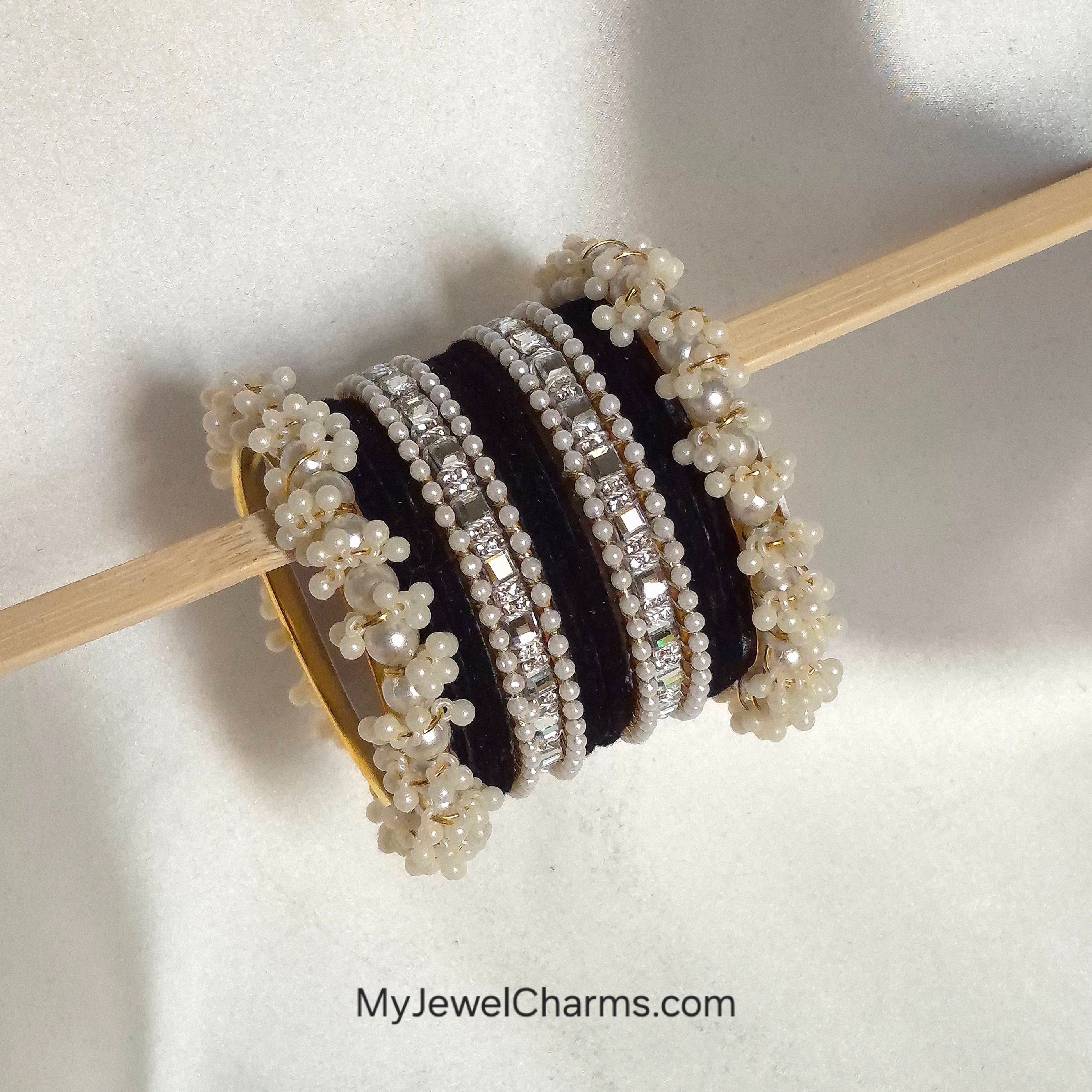 Black velvet silver double karra gajra bangles