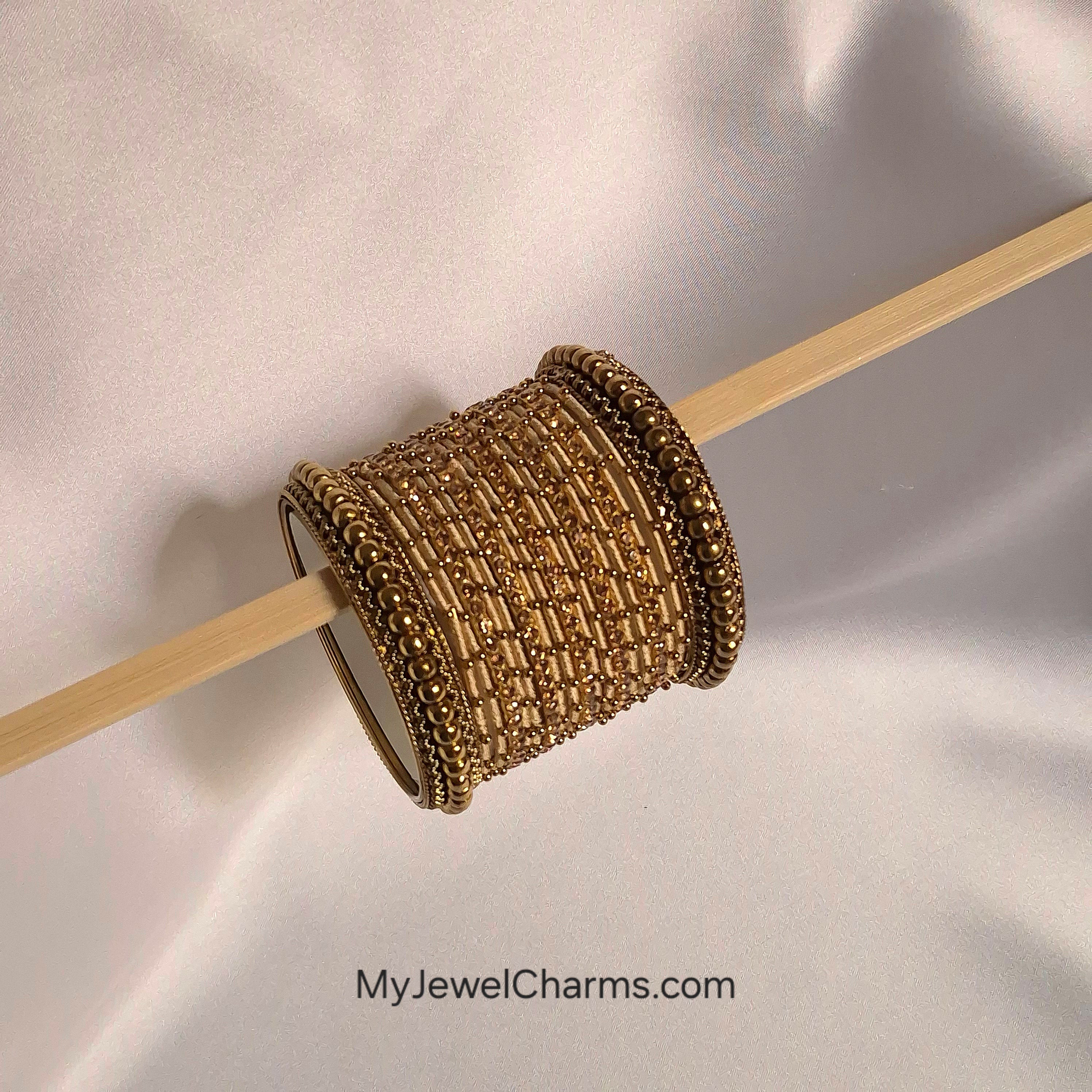 Beige Dotted Golden Bead Karra Bangles Set Antique