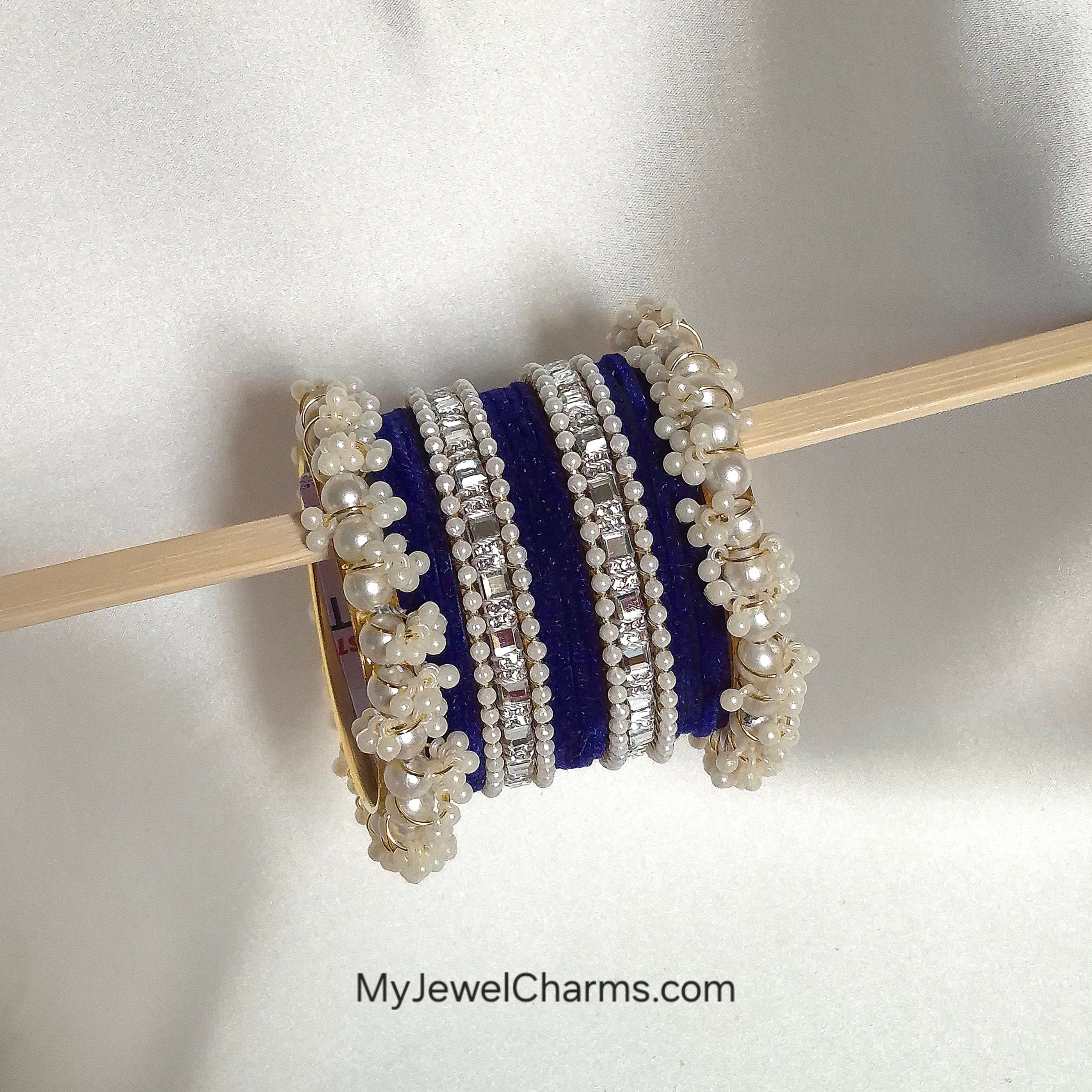 Dark Blue Silver double Kara Gajra bangles set